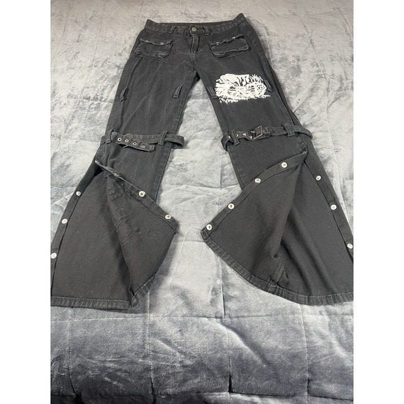 SLP Jeans Womens Black Dark Street Print Gothic Punk Metal Distressed Pant Sz M - Picture 4 of 15